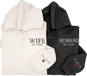 Embroidered Wife & Husband Sweatshirt Hoodies - Custom Names & Anniversary Date, Initial Hearts on Sleeve - Perfect Couple Gifts