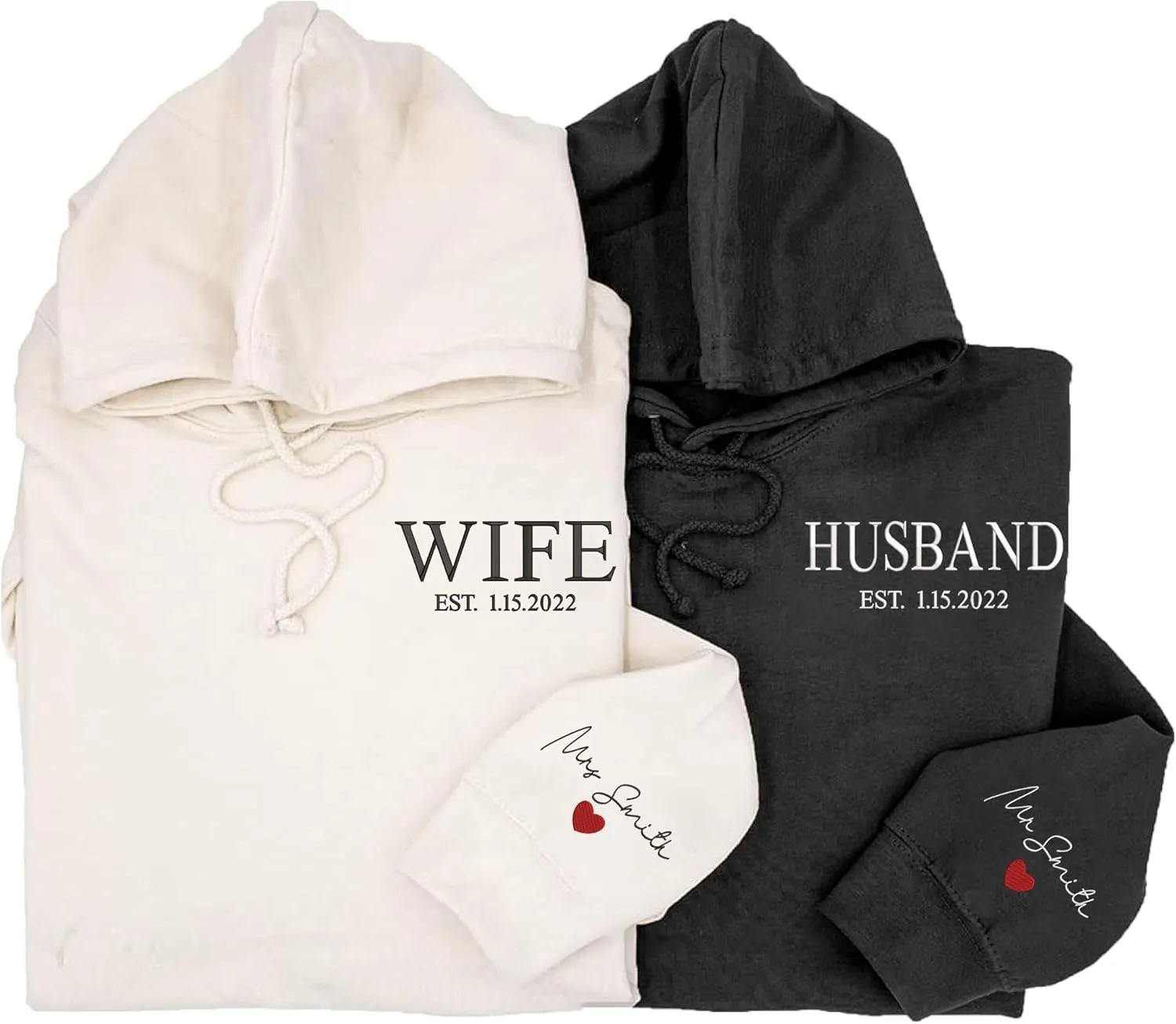 Embroidered Wife & Husband Sweatshirt Hoodies - Custom Names & Anniversary Date, Initial Hearts on Sleeve - Perfect Couple Gifts