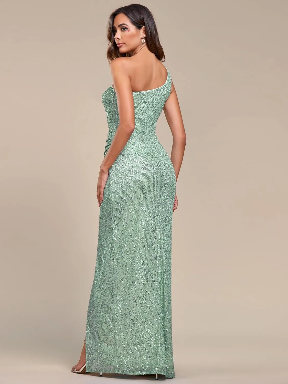 Ever-Pretty Women's Sexy One Shoulder Ruched Slit Bodycon Sequin Evening Dress 00116