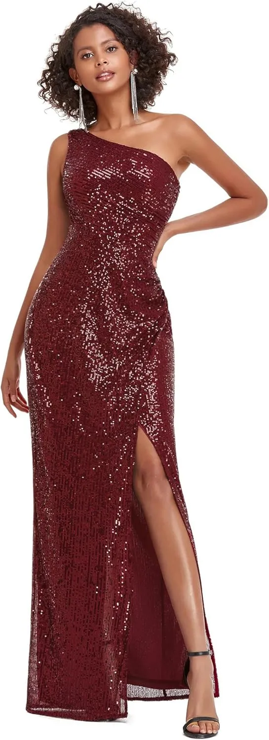 Ever-Pretty Women's Sexy One Shoulder Ruched Slit Bodycon Sequin Evening Dress 00116