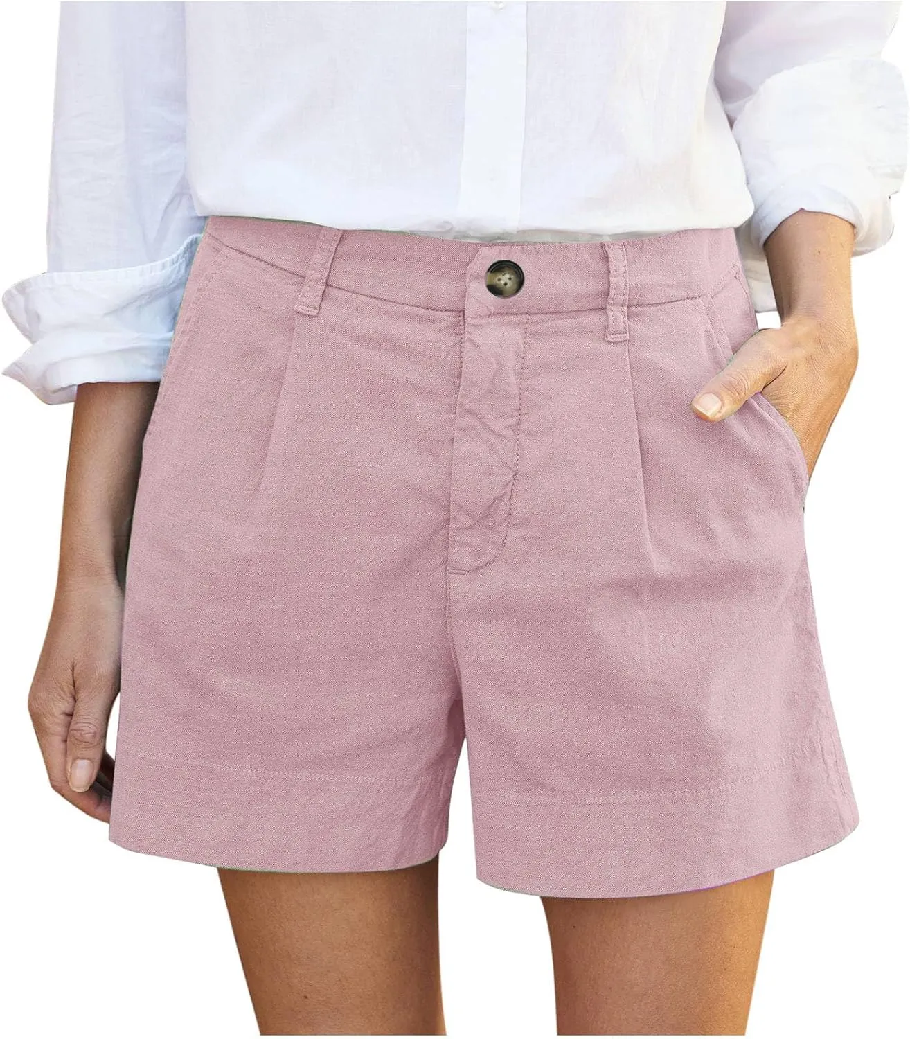 Finelylove Womens Cargo Bermuda Shorts Pleated High Waisted Summer Linen Shorts Wide Leg Casual Beach Shorts with Pockets