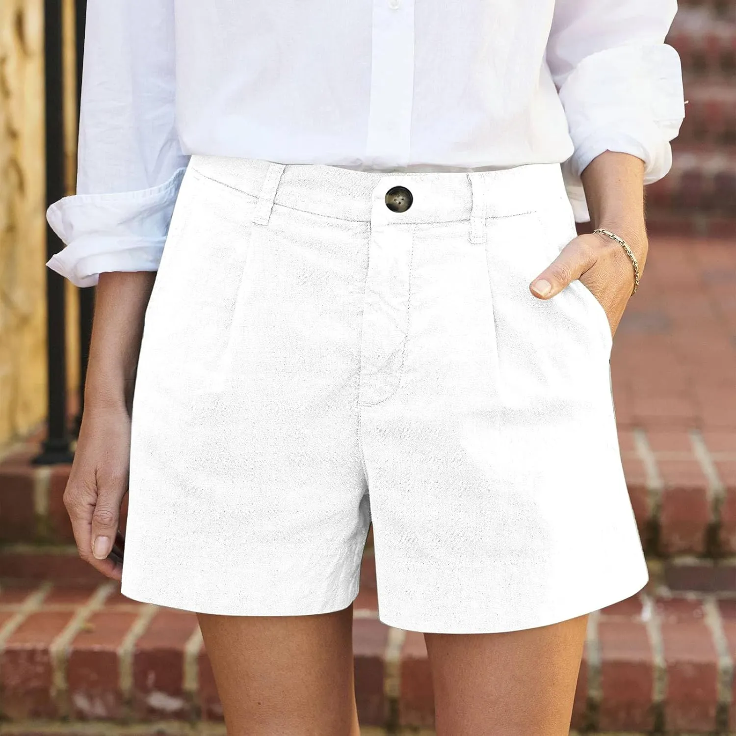 Finelylove Womens Cargo Bermuda Shorts Pleated High Waisted Summer Linen Shorts Wide Leg Casual Beach Shorts with Pockets