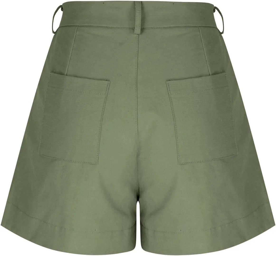 Finelylove Womens Cargo Bermuda Shorts Pleated High Waisted Summer Linen Shorts Wide Leg Casual Beach Shorts with Pockets