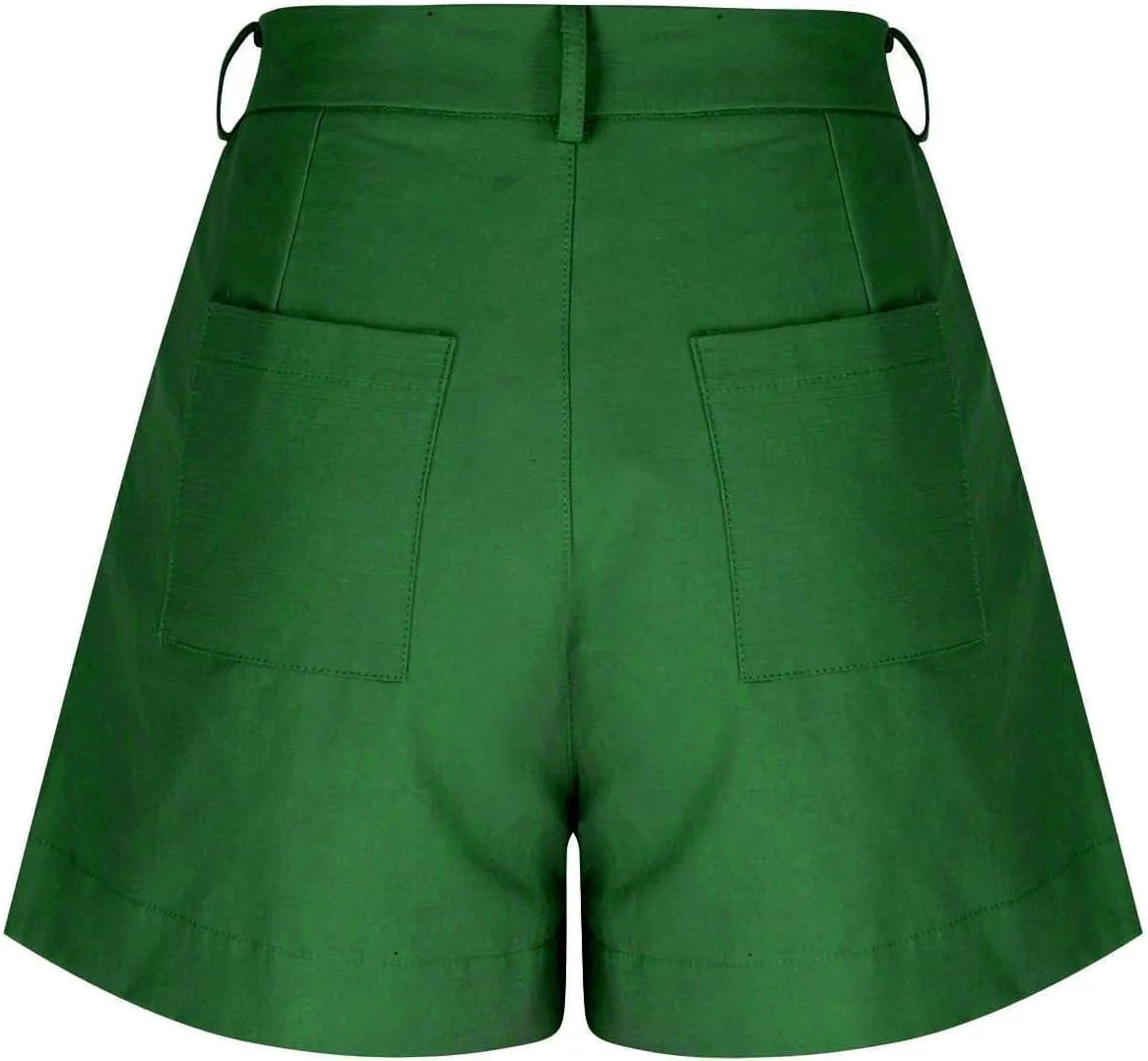 Finelylove Womens Cargo Bermuda Shorts Pleated High Waisted Summer Linen Shorts Wide Leg Casual Beach Shorts with Pockets