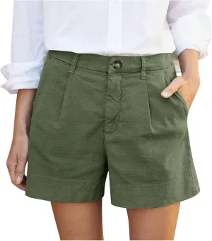 Finelylove Womens Cargo Bermuda Shorts Pleated High Waisted Summer Linen Shorts Wide Leg Casual Beach Shorts with Pockets