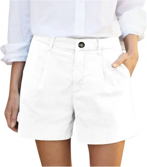Finelylove Womens Cargo Bermuda Shorts Pleated High Waisted Summer Linen Shorts Wide Leg Casual Beach Shorts with Pockets
