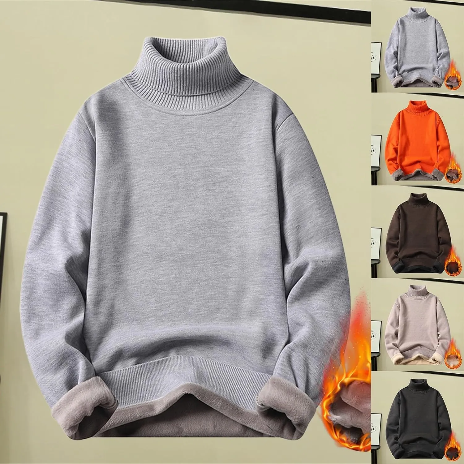 Fleece Lined Sweatshirts for Men Turtleneck Oversized Long Sleeve Knit Sweater Solid Casual Winter Warm Pullover Tops
