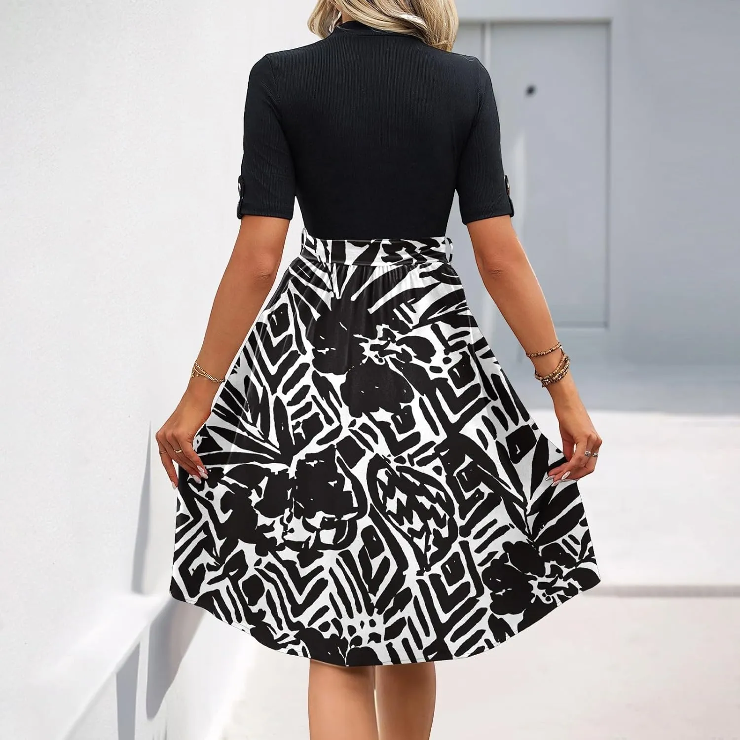 Floral Dresses Short Sleeve Empire Waist Summer Crewneck Fashion Belted Modest Sundresses Midi Length Dress