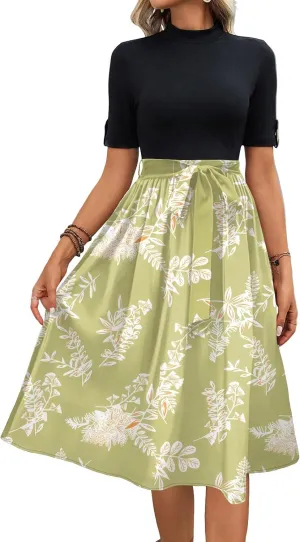 Floral Dresses Short Sleeve Empire Waist Summer Crewneck Fashion Belted Modest Sundresses Midi Length Dress