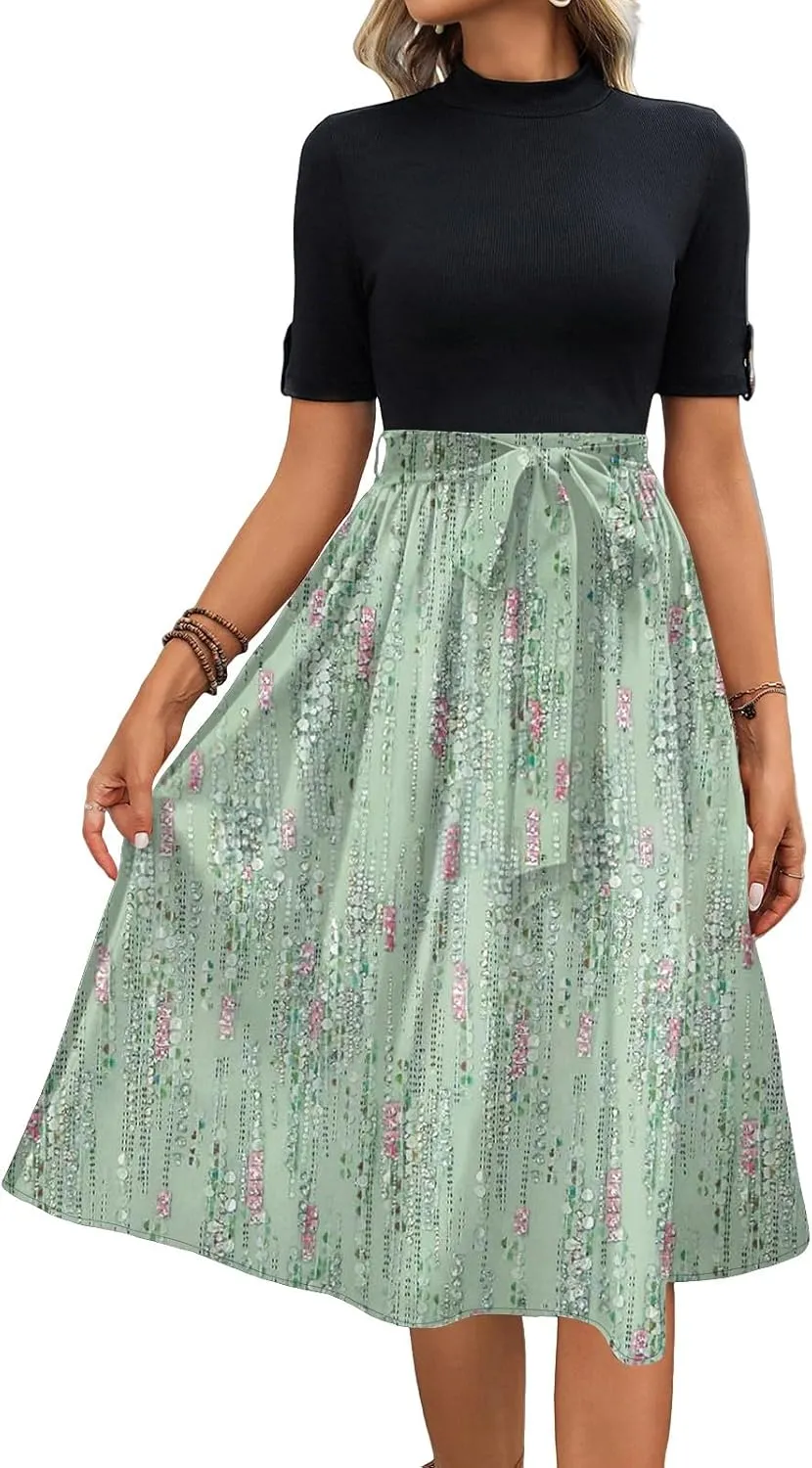 Floral Dresses Short Sleeve Empire Waist Summer Crewneck Fashion Belted Modest Sundresses Midi Length Dress