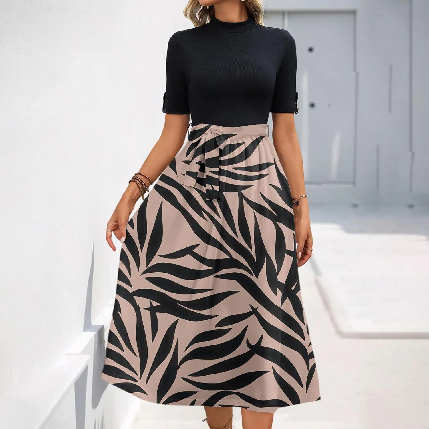 Floral Dresses Short Sleeve Empire Waist Summer Crewneck Fashion Belted Modest Sundresses Midi Length Dress