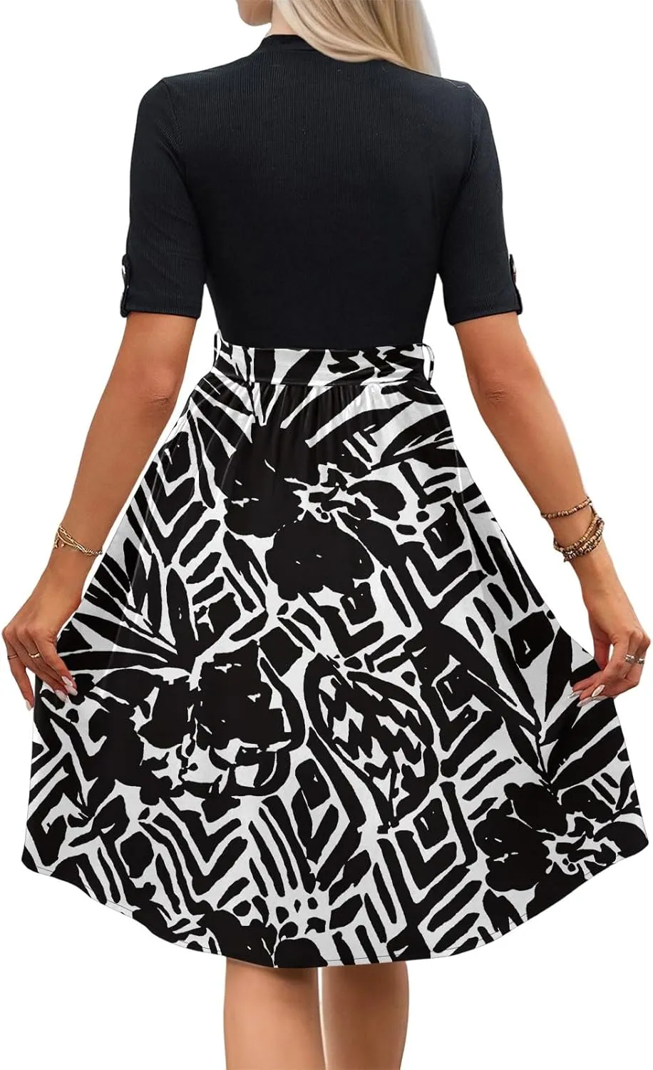 Floral Dresses Short Sleeve Empire Waist Summer Crewneck Fashion Belted Modest Sundresses Midi Length Dress