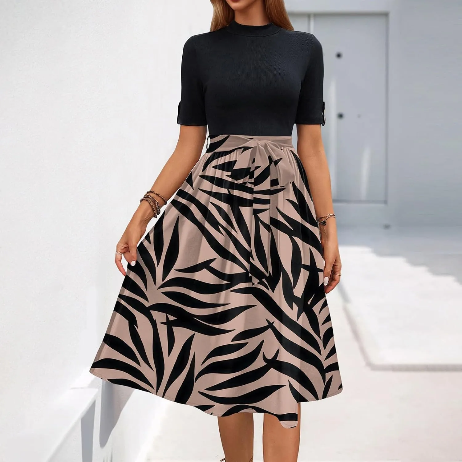 Floral Dresses Short Sleeve Empire Waist Summer Crewneck Fashion Belted Modest Sundresses Midi Length Dress