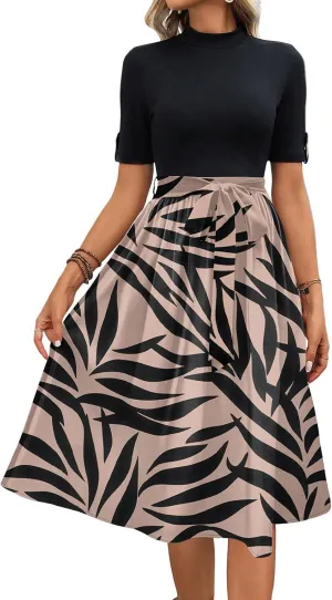 Floral Dresses Short Sleeve Empire Waist Summer Crewneck Fashion Belted Modest Sundresses Midi Length Dress
