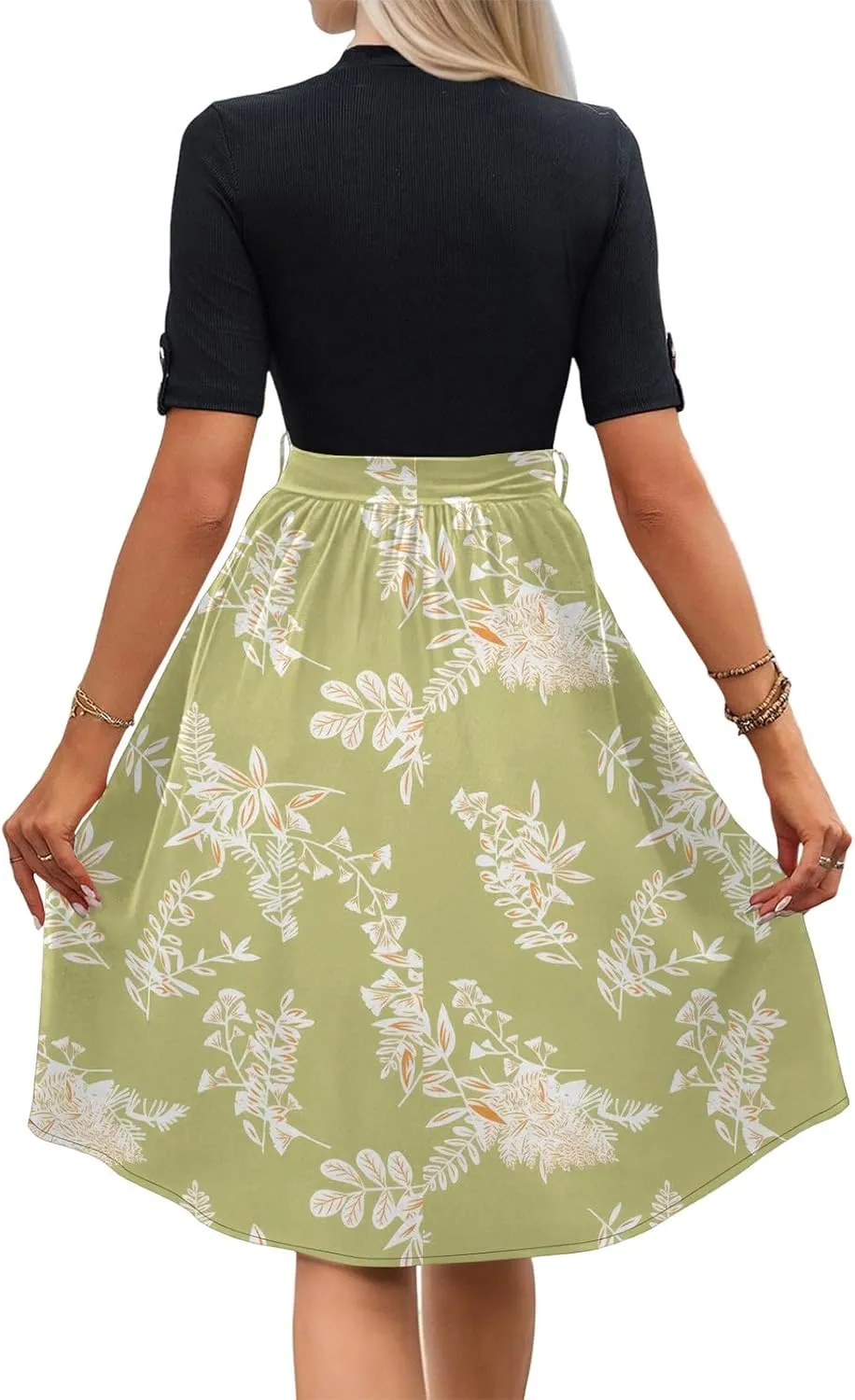 Floral Dresses Short Sleeve Empire Waist Summer Crewneck Fashion Belted Modest Sundresses Midi Length Dress
