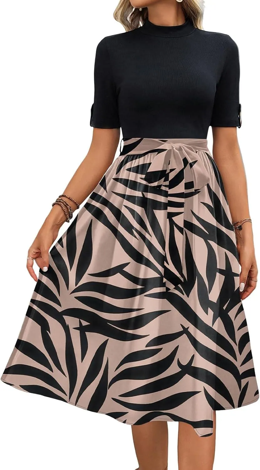 Floral Dresses Short Sleeve Empire Waist Summer Crewneck Fashion Belted Modest Sundresses Midi Length Dress
