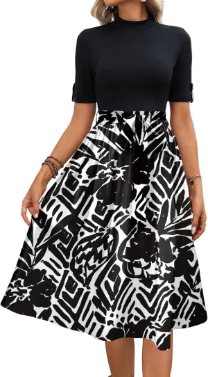 Floral Dresses Short Sleeve Empire Waist Summer Crewneck Fashion Belted Modest Sundresses Midi Length Dress