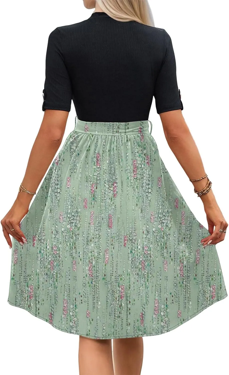 Floral Dresses Short Sleeve Empire Waist Summer Crewneck Fashion Belted Modest Sundresses Midi Length Dress