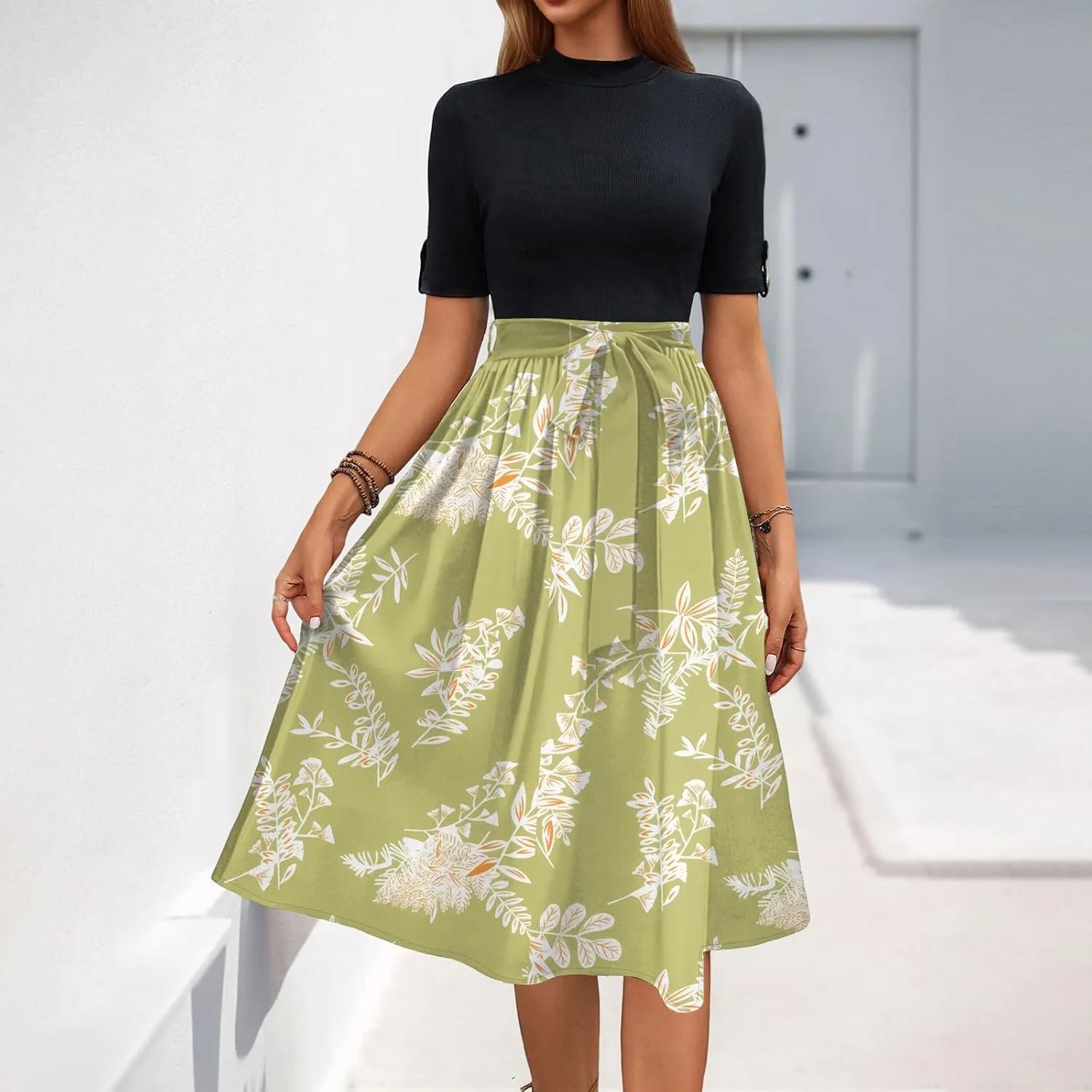 Floral Dresses Short Sleeve Empire Waist Summer Crewneck Fashion Belted Modest Sundresses Midi Length Dress