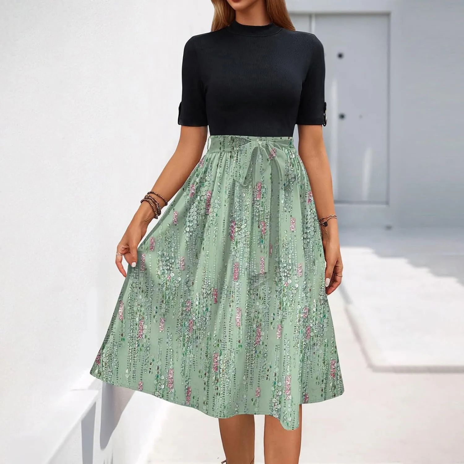 Floral Dresses Short Sleeve Empire Waist Summer Crewneck Fashion Belted Modest Sundresses Midi Length Dress