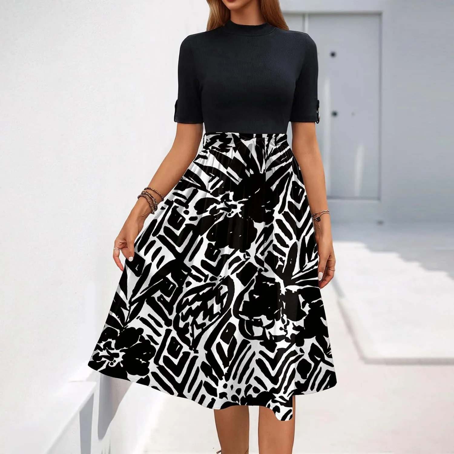 Floral Dresses Short Sleeve Empire Waist Summer Crewneck Fashion Belted Modest Sundresses Midi Length Dress