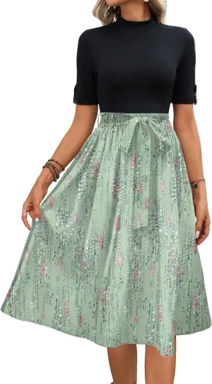 Floral Dresses Short Sleeve Empire Waist Summer Crewneck Fashion Belted Modest Sundresses Midi Length Dress