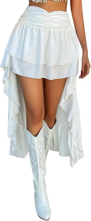 Flowy Boho Skirts for Women High-Low Hem Patchwork Elastic High Waisted Pleated Ruffle Hem Beach Long Maxi Skirt