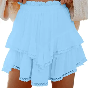 Flowy Summer Mini Skirt for Women Crochet Ruffle Elastic Waist Asymmetrical Hem Casual Short A Line Skirts