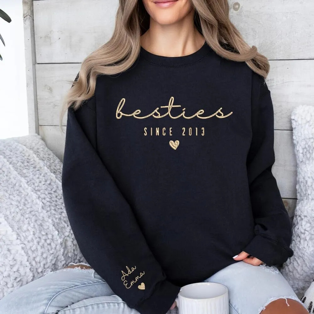 GODMERCH Custom Embroidered Besties Hoodies Sweatshirt With Text On Sleeve,Besties Gift,Custom For Women