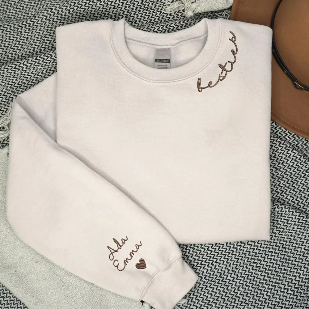 GODMERCH Custom Embroidered Besties Hoodies Sweatshirt With Text On Sleeve,Besties Gift,Custom For Women