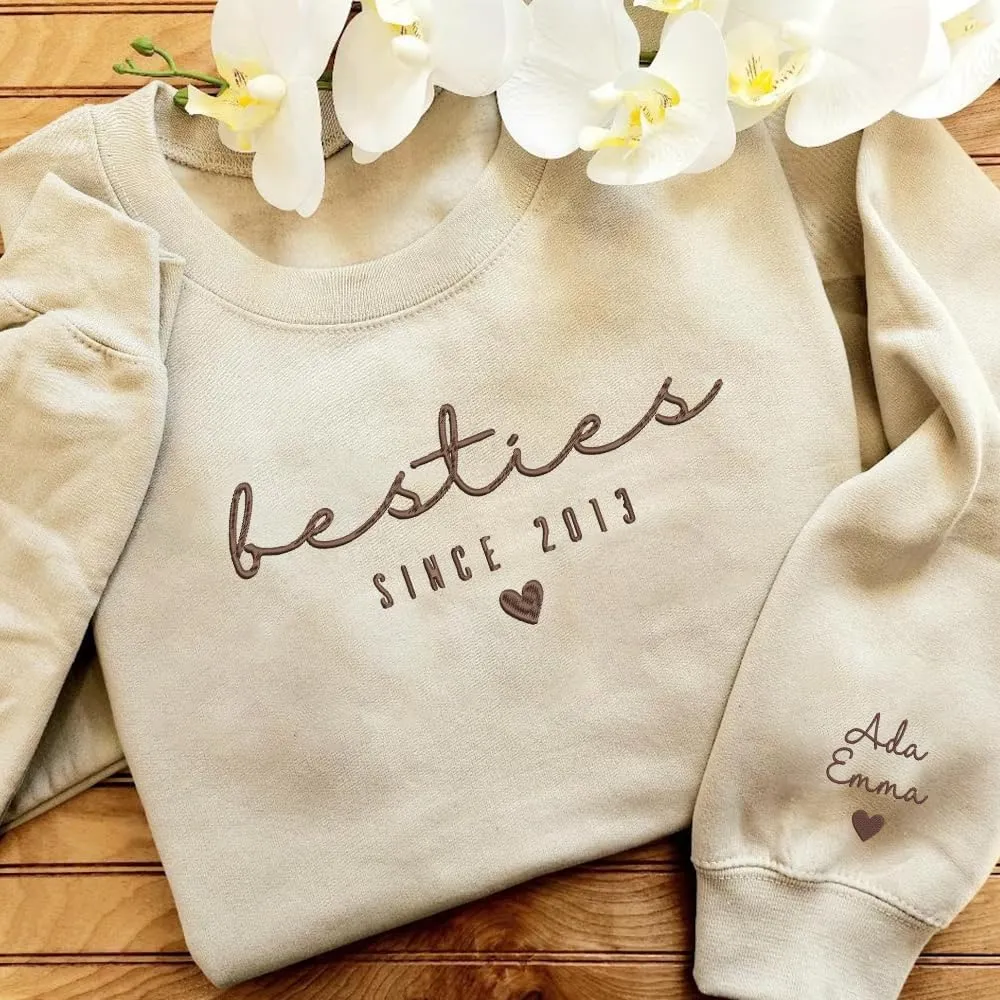 GODMERCH Custom Embroidered Besties Hoodies Sweatshirt With Text On Sleeve,Besties Gift,Custom For Women