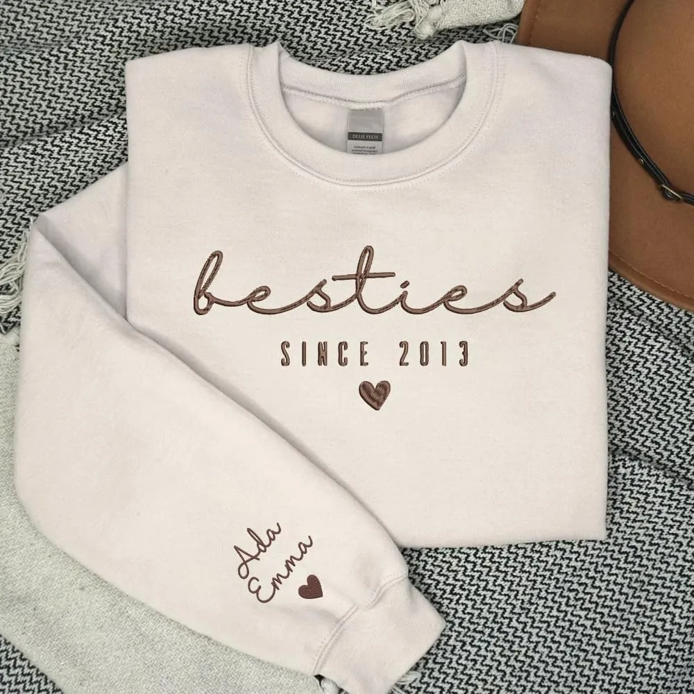 GODMERCH Custom Embroidered Besties Hoodies Sweatshirt With Text On Sleeve,Besties Gift,Custom For Women