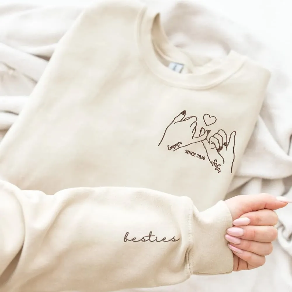 GODMERCH Custom Embroidered Besties Hoodies Sweatshirt With Text On Sleeve,Besties Gift,Custom For Women