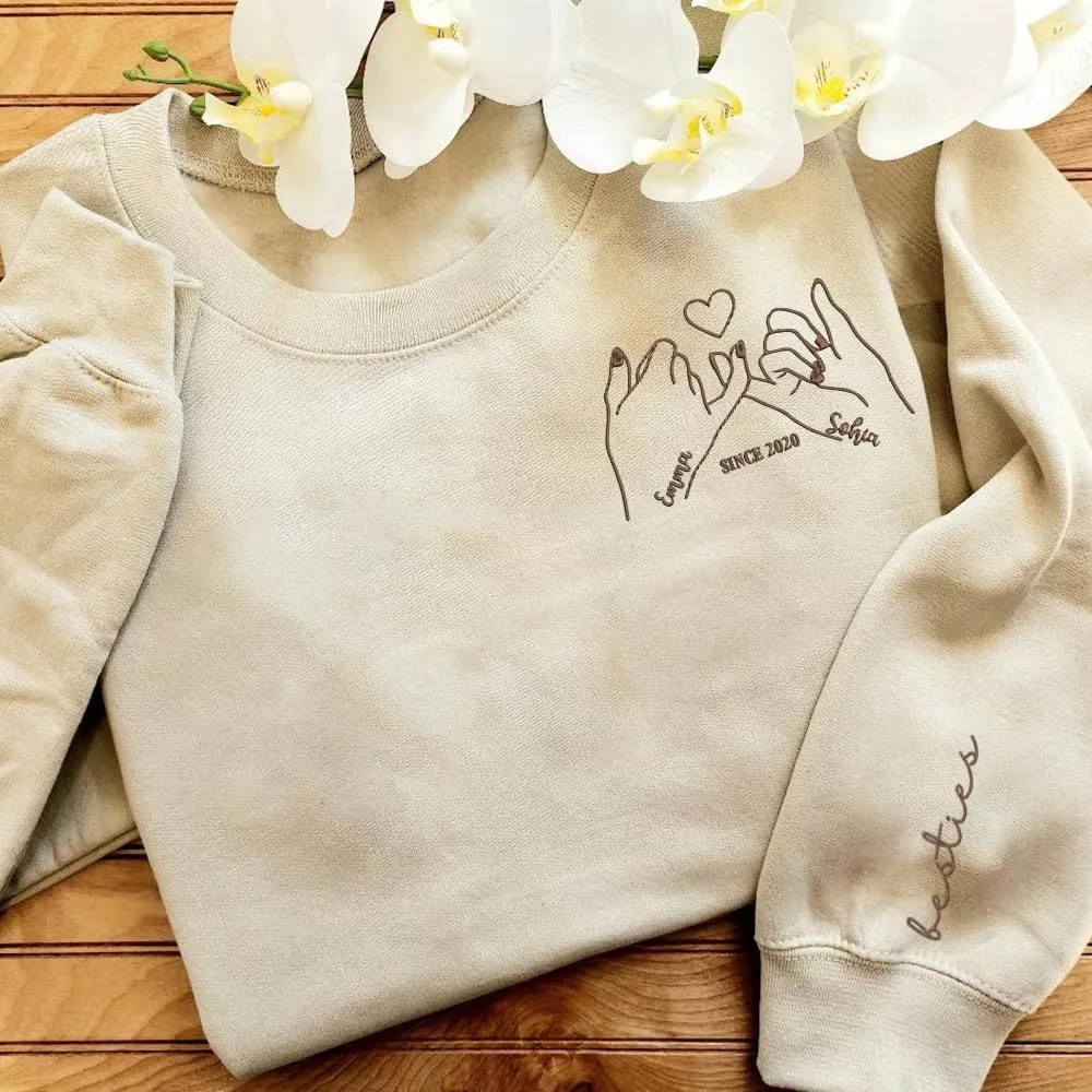 GODMERCH Custom Embroidered Besties Hoodies Sweatshirt With Text On Sleeve,Besties Gift,Custom For Women