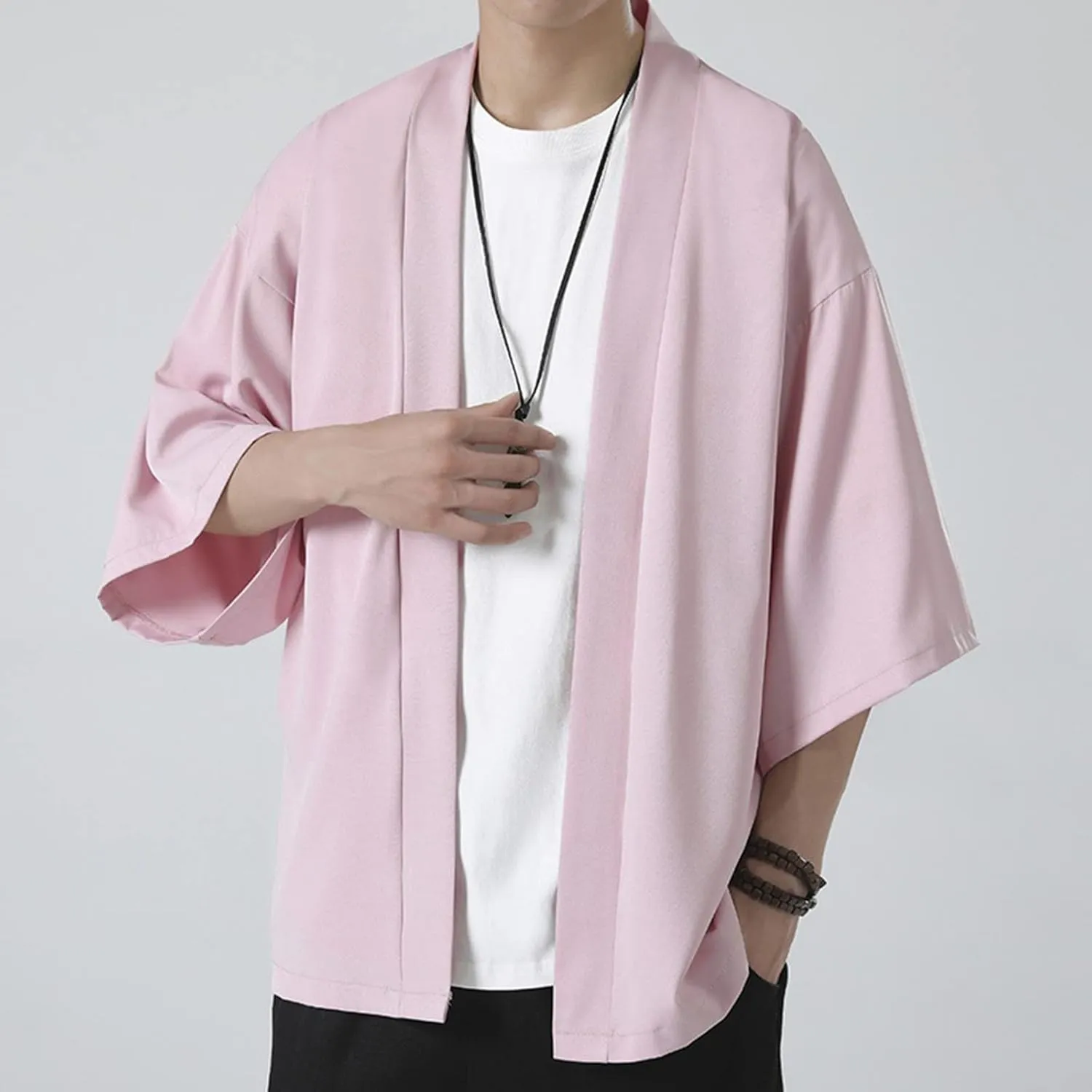 GOKKILRW Mens Lightweight Japanese Style Kimono Jackets 3/4 Sleeve Open Front Drape Cape Cardigan Yukata Coat