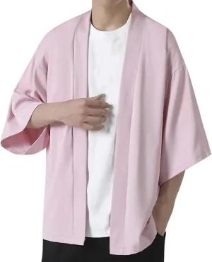 GOKKILRW Mens Lightweight Japanese Style Kimono Jackets 3/4 Sleeve Open Front Drape Cape Cardigan Yukata Coat