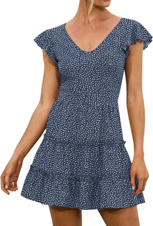 Halter Dress for Women Retro Floral Polka Dot Backless Boho Dresses Sleeveless Self-Tie Belt Swing Ruffle Sun Dress