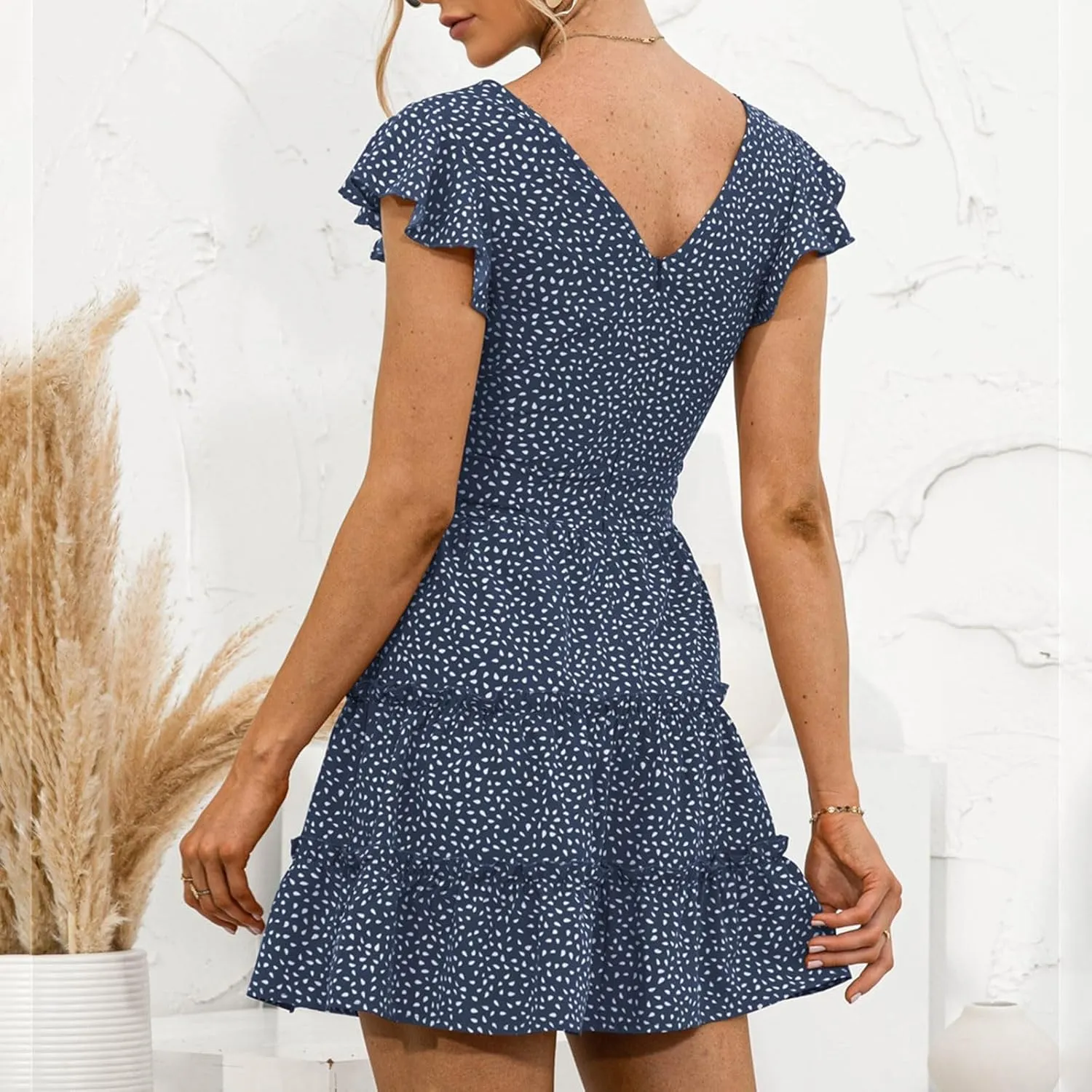 Halter Dress for Women Retro Floral Polka Dot Backless Boho Dresses Sleeveless Self-Tie Belt Swing Ruffle Sun Dress
