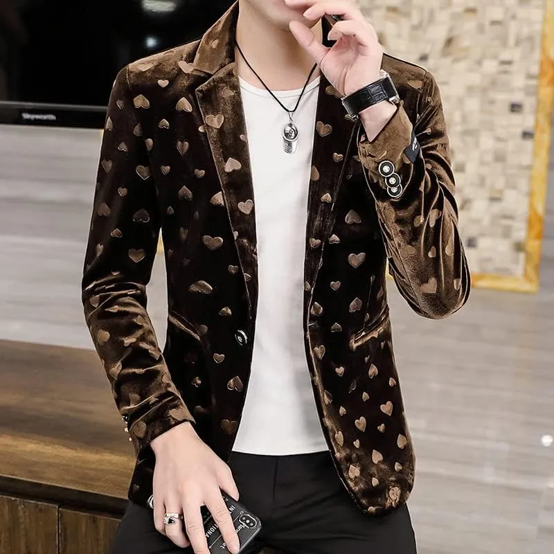 Heart Print Purple Blazer Men Slim Fit One Button Suit Jacket Male Casual Wedding Party Blazer