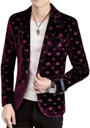 Heart Print Purple Blazer Men Slim Fit One Button Suit Jacket Male Casual Wedding Party Blazer