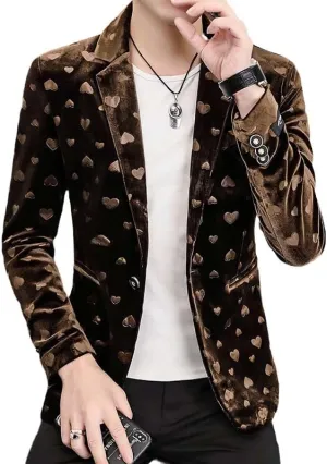 Heart Print Purple Blazer Men Slim Fit One Button Suit Jacket Male Casual Wedding Party Blazer