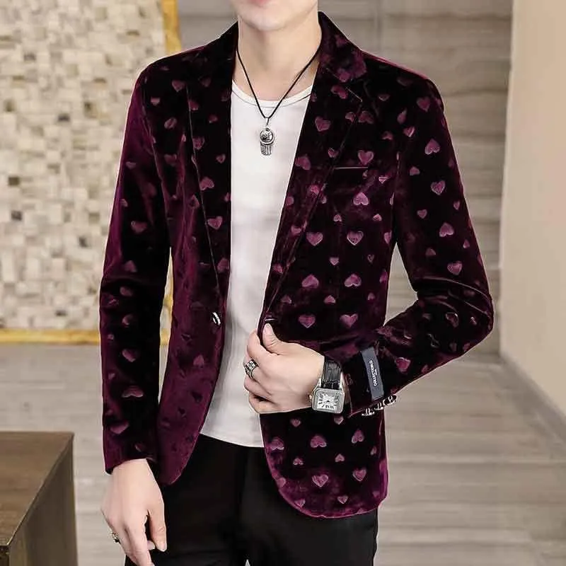 Heart Print Purple Blazer Men Slim Fit One Button Suit Jacket Male Casual Wedding Party Blazer