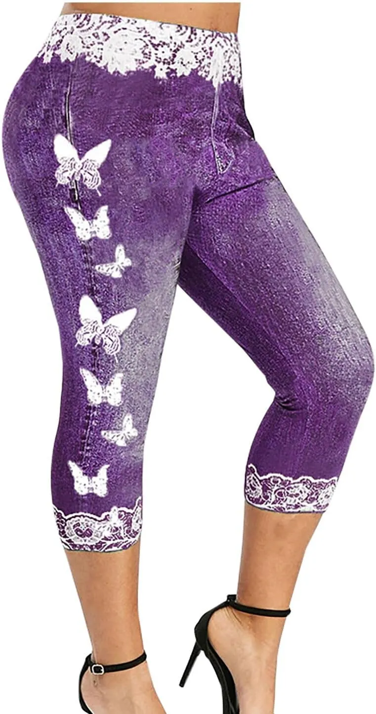 HGps8w Women Plus Size Jeans Jeggings Butterfly Lace Panel Bermuda Yoga Leggings High Waisted Stretch Capris Denim Pants