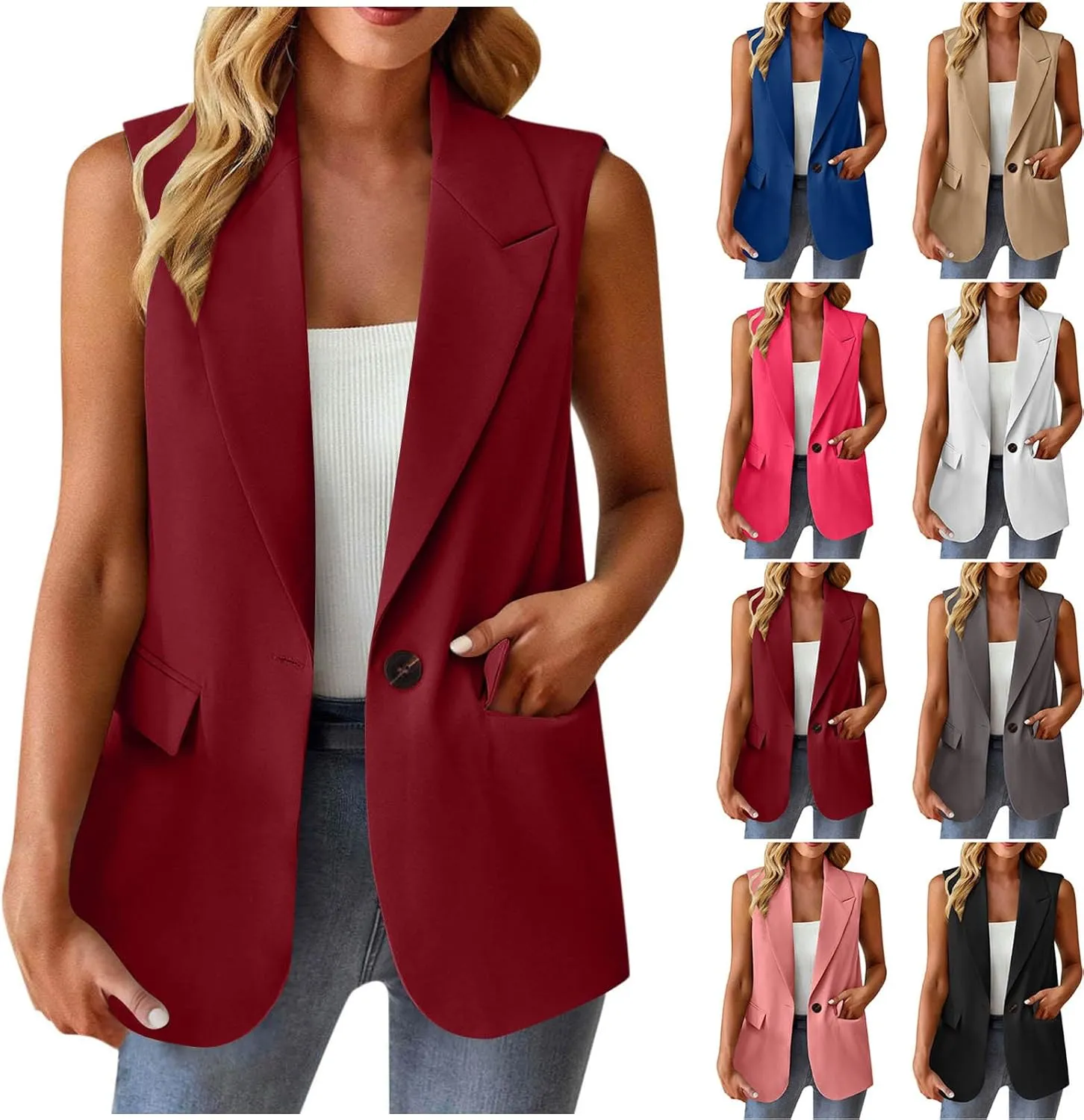 HGps8w Women's Blazers Vest Tops Casual 2025 Summer Sleeveless Lightweight Open Front Work Office Jackets with Pockets