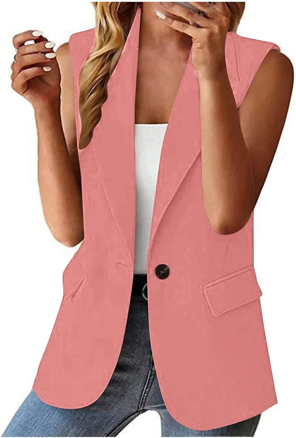 HGps8w Women's Blazers Vest Tops Casual 2025 Summer Sleeveless Lightweight Open Front Work Office Jackets with Pockets