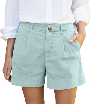 High Waisted Shorts for Women Dressy Casual Pleated Chino Shorts Lightweight Summer Twill Wide Leg Shorts with Pockets