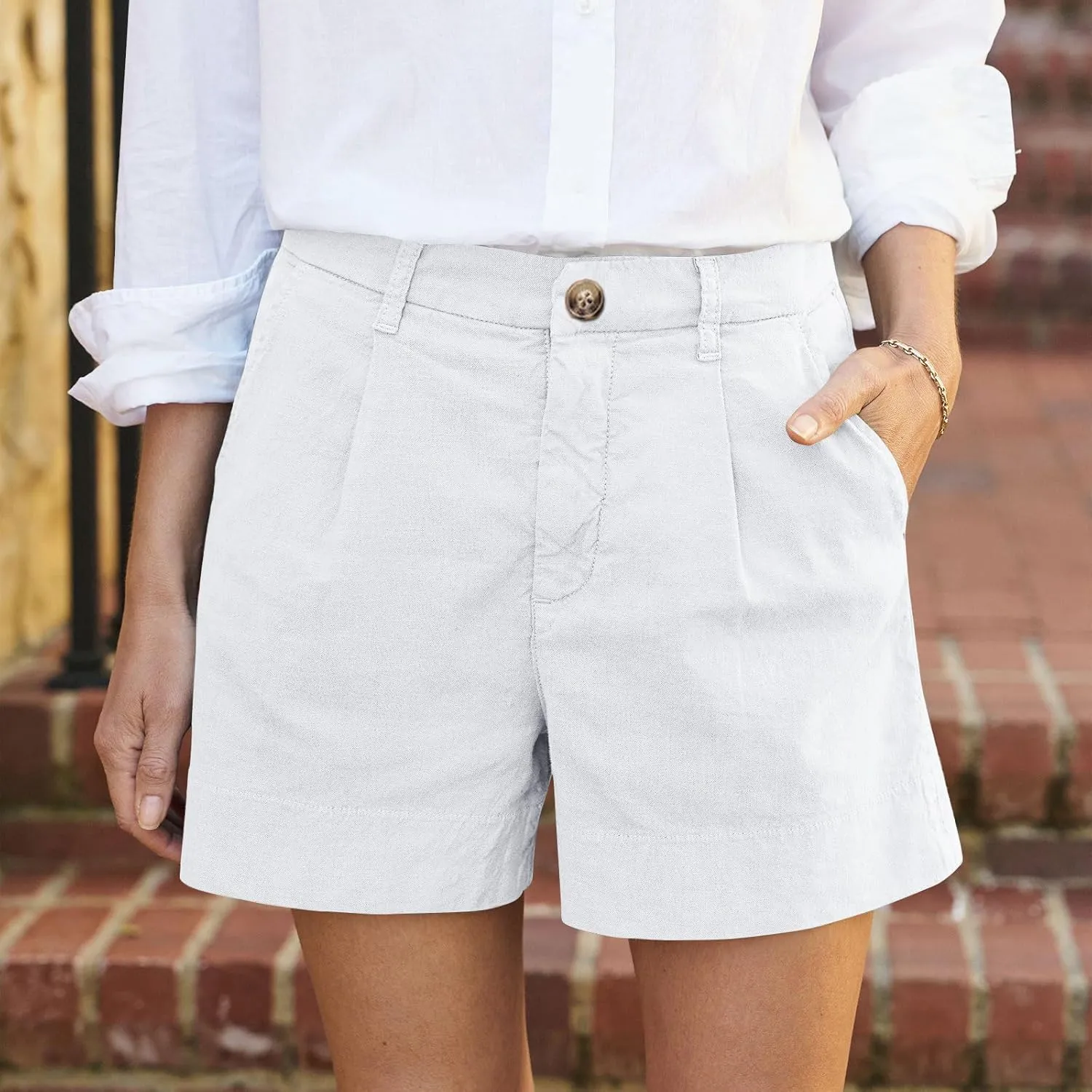 High Waisted Shorts for Women Dressy Casual Pleated Chino Shorts Lightweight Summer Twill Wide Leg Shorts with Pockets