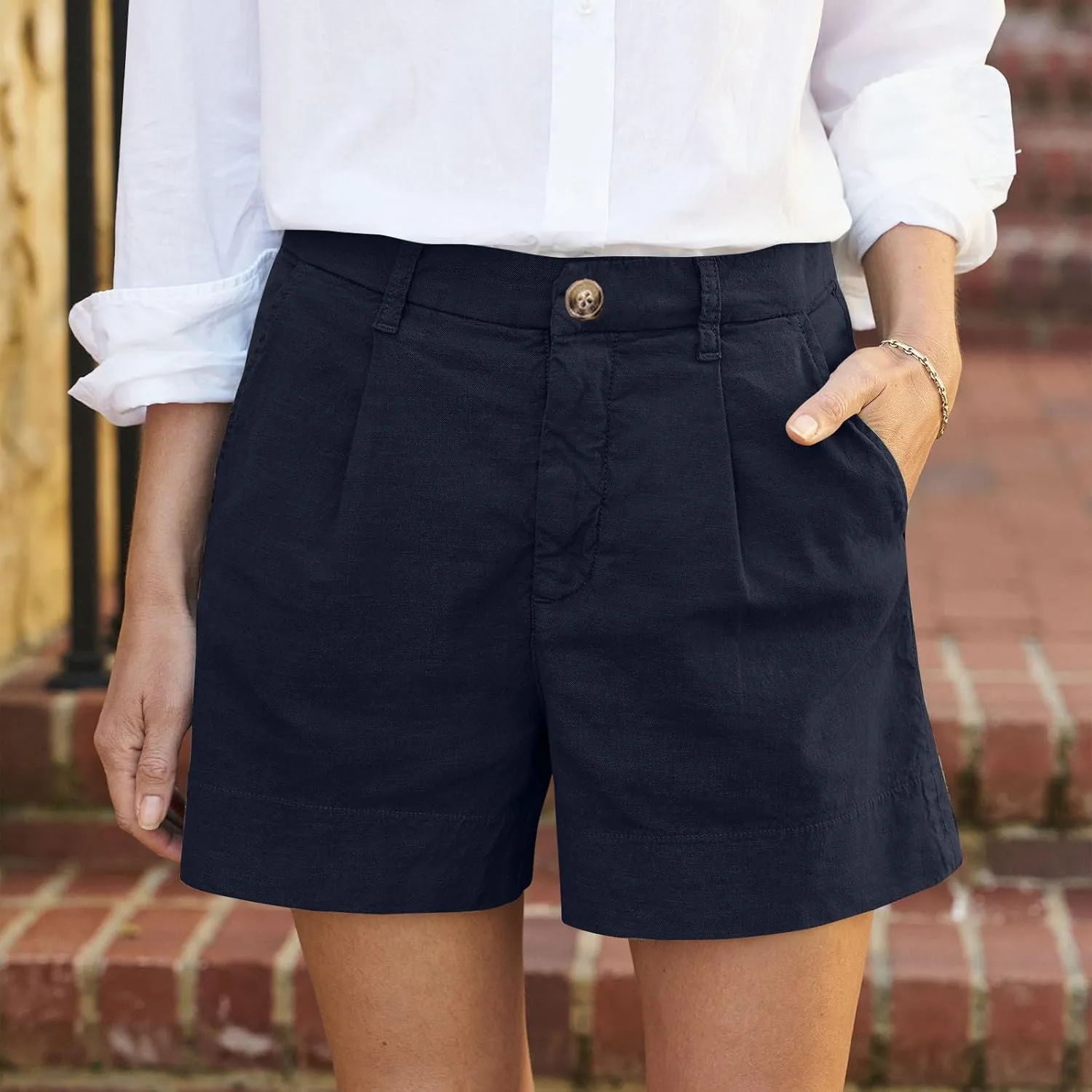 High Waisted Shorts for Women Dressy Casual Pleated Chino Shorts Lightweight Summer Twill Wide Leg Shorts with Pockets