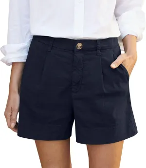 High Waisted Shorts for Women Dressy Casual Pleated Chino Shorts Lightweight Summer Twill Wide Leg Shorts with Pockets