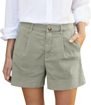 High Waisted Shorts for Women Dressy Casual Pleated Chino Shorts Lightweight Summer Twill Wide Leg Shorts with Pockets